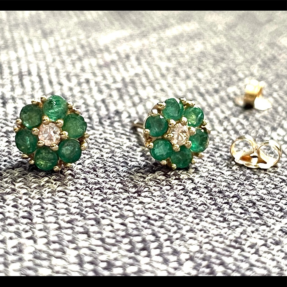 Emerald Flower Stud Earrings in 14k Gold + Emerald Gemstones Green  $950 - Picture 6 of 16